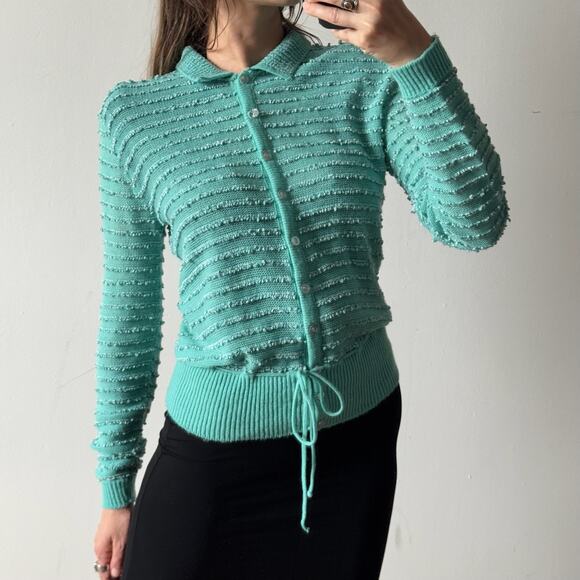 60s Vintage Mid Century Seafoam Knit Collared Cardigan - Picture 1 of 9